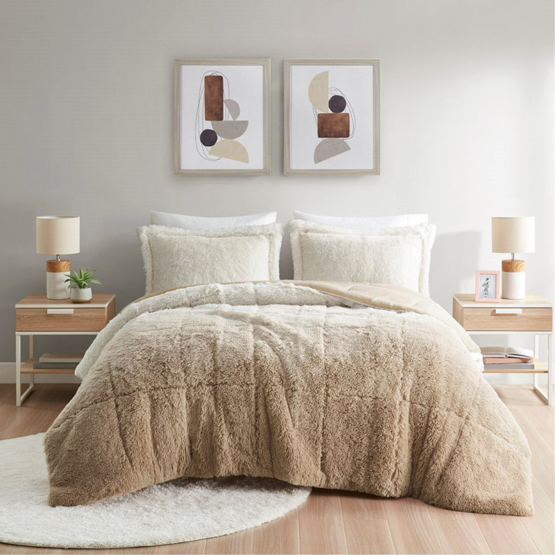 King/Cal King Ombre Shaggy Long Fur Comforter Mini Set, Beige, King/Cal King Comforter + 2 Shams