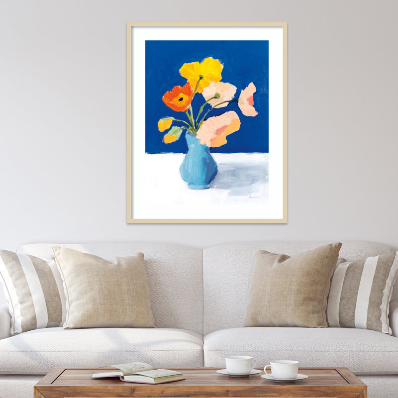 «Poppies on Blue» par Pamela Munger - peinture encadrée, H 41 po x l 33 po, Brun