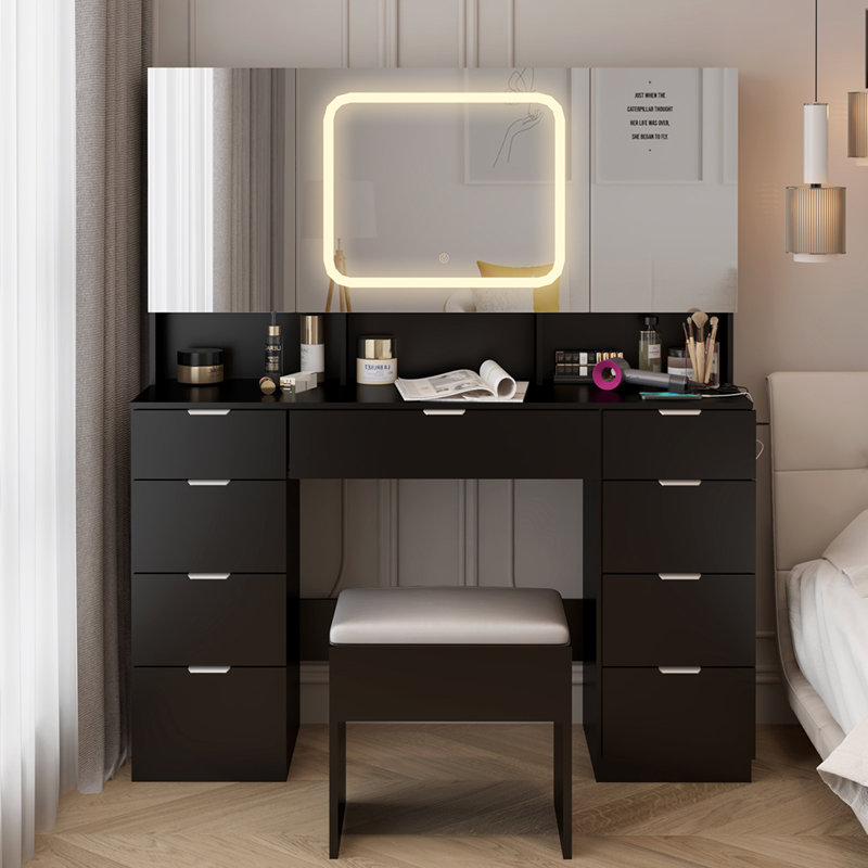 Ensemble de coiffeuse avec 3 miroirs et lumières DEL, Noir, noir, noir, noir, Argent argent