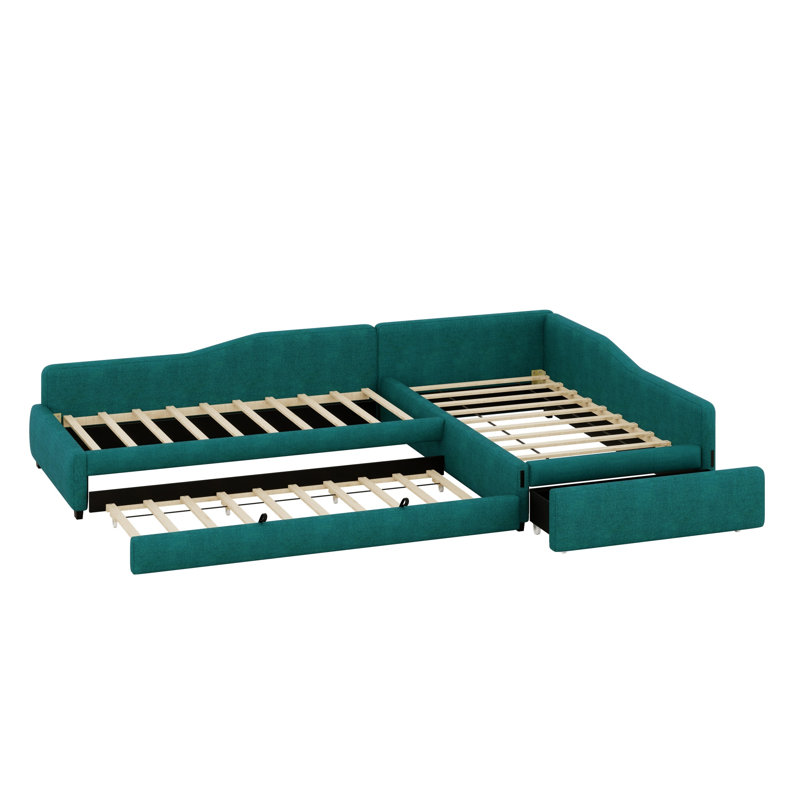 Upholstered Double Daybed With Trundle And Drawer, Green