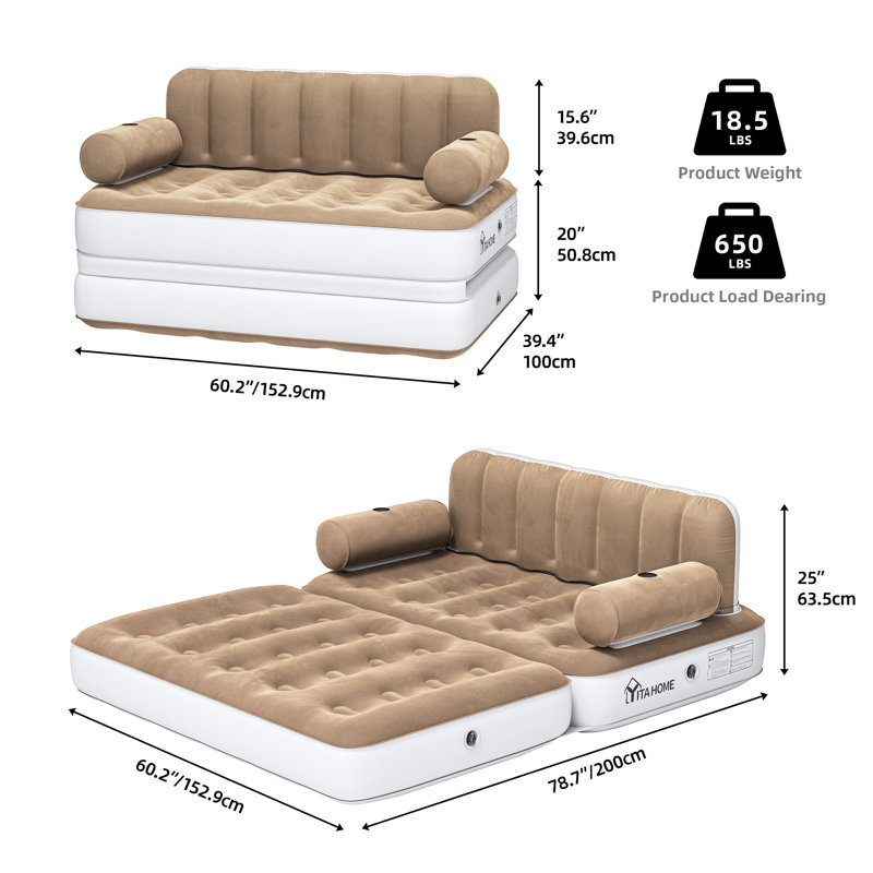 Queen Built-In Pump Inflatable Mattress, White + Khaki