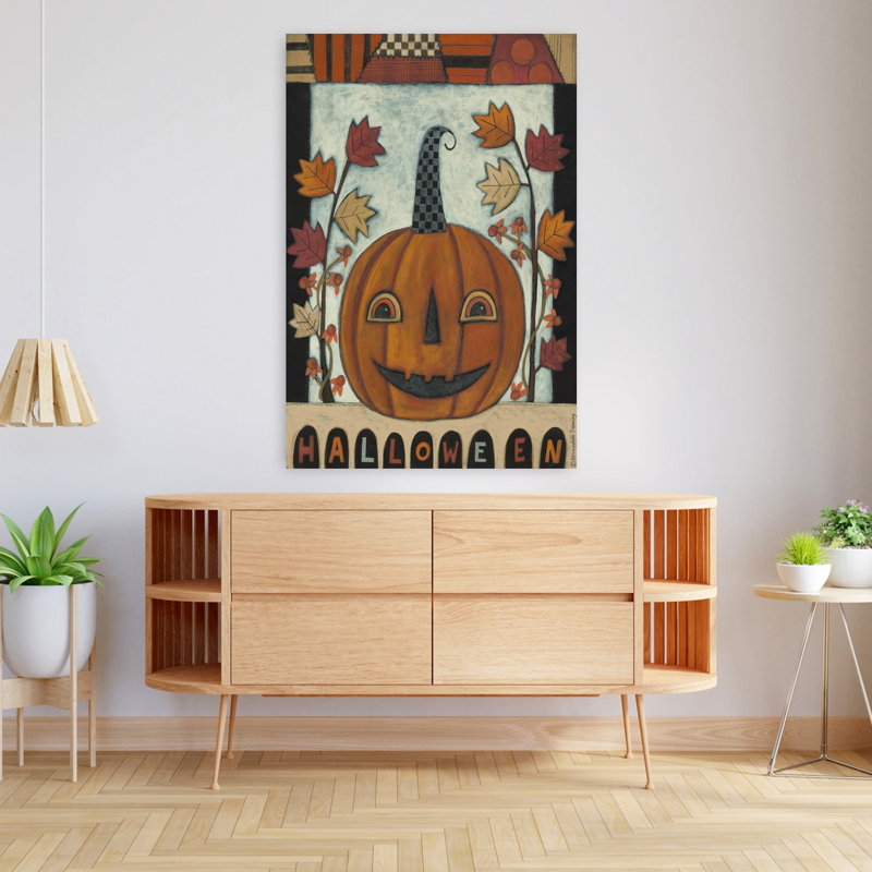 Arbre d'Halloween abstrait Jack O'lantern, art contemporain de paysage, H 48 po x l 32 po