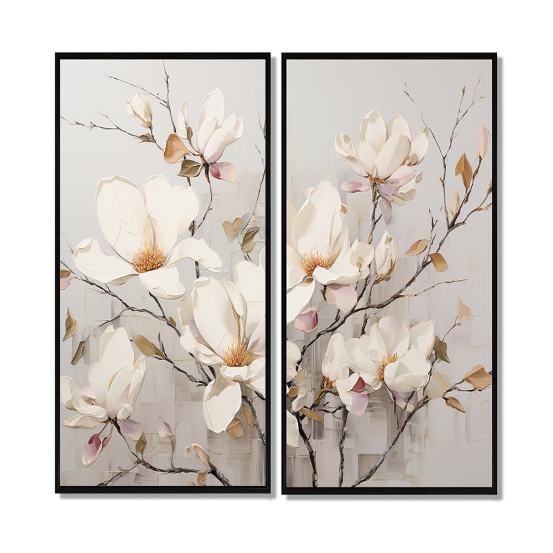 «White Elegance In Magnolias» - Art mural sur toile traditionnel blanc, H 20 po x l 24 po, Impression encadrée flottante