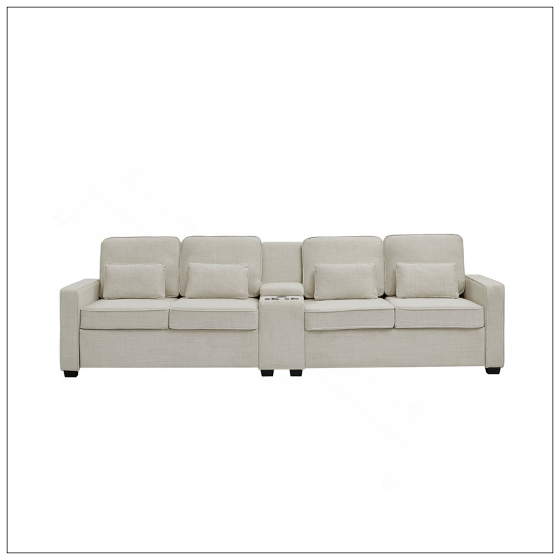 Canapé de 114 po avec console, 2 porte-gobelets et 3 ports USB câblés, canapé en tissu de lin moderne avec 4 coussins pour le salon, un appartement (4 places)
