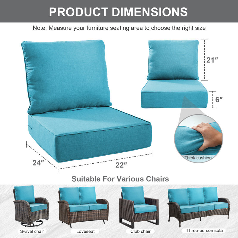 Allo 24"X22"X6" Patio Thick Cushions & Pillows Set - Deep Seat Indoor/Outdoor Water & Fade Resistant, 2, Pale Blue