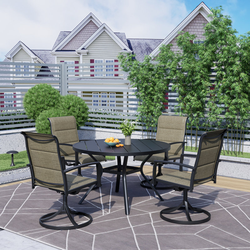  5-Piece Patio Dining Set, Taupe Foamed PVC-coated polyester Swivel Patio Chairs + 37" Square Metal Dining Table with Umbrella Hole, All-Weather Backyard Furniture