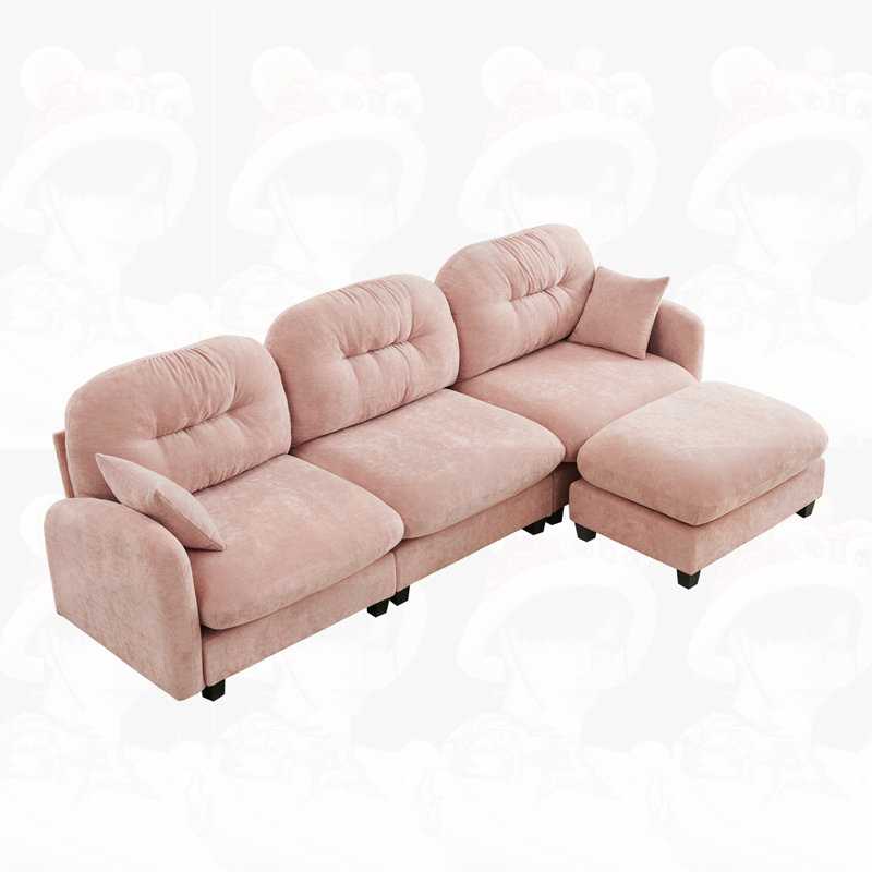 Canapé modulaire 3 places avec 1 repose-pieds, H 36,6 po x l 107 po x P 59,5 po, 3, Rose