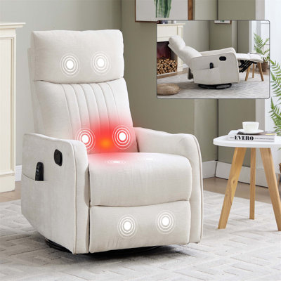 Beige Heat Massage Manual Recliner Chair with Rocker and Swivel in Fabric for Living Room