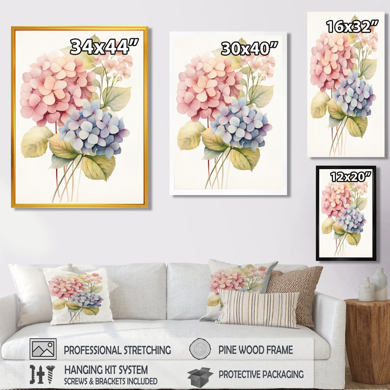 Rétro fleur d'hortensia rose et mauve - art mural hortensia, H 20 po x l 12 po, Cadre flottant doré, bois massif