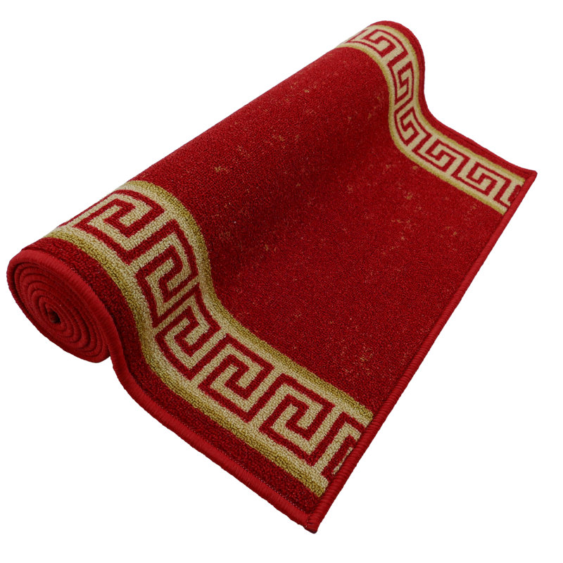 Lemmons Custom Size Anti Slip Low Profile Loop Pile Meander Greek Key Red Design, Runner 2'2" x 9'