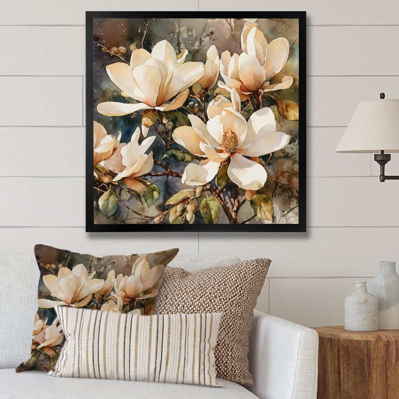 «Cream Magnolia Symphony», reproduction d'art sur toile, Cadre simple noir, H 16 po x l 16 po x P 1 po