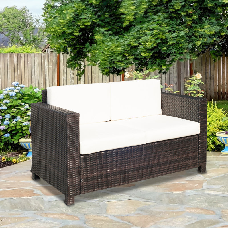 130cm Wide Straight Wicker Loveseat with Cushions, Brown