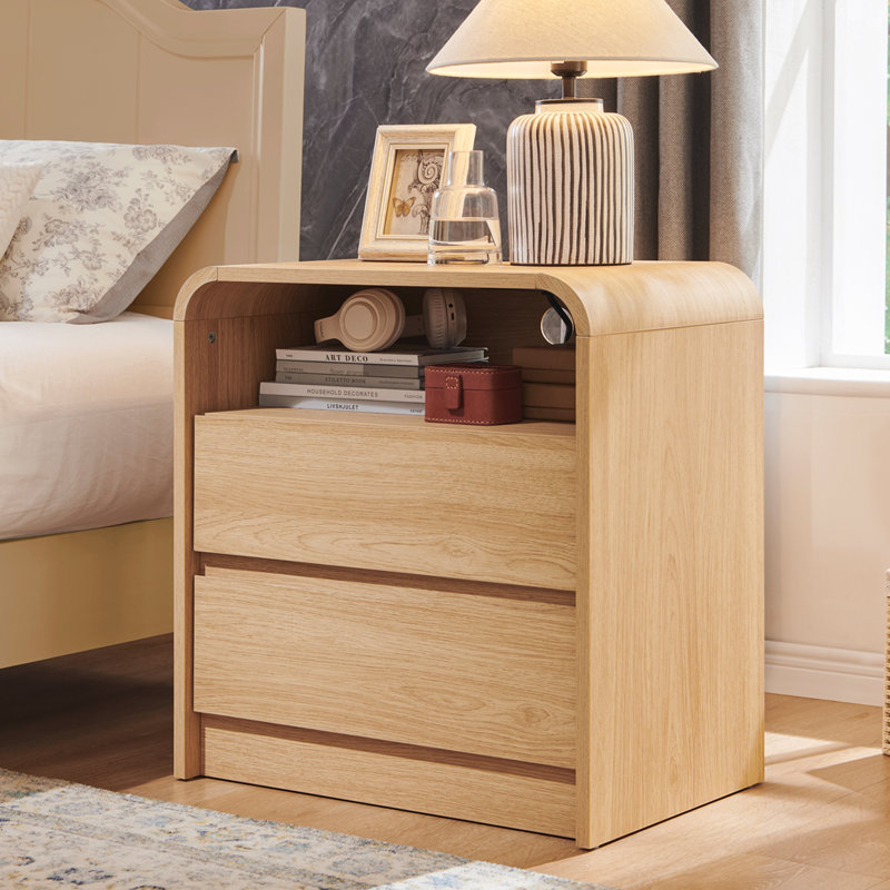 Maud 25" Tall Modern Nightstand with Charging Station, 23.6'' Wide Wood Bedside Table w/2 Storage Drawers, Large Mid Century End Table for Bedroom