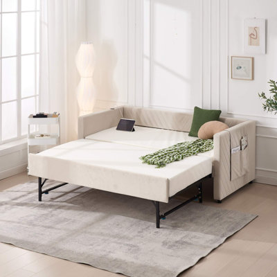 Twin Upholstered Daybed With Trundle, USB Port & Side Pockets – Modern V-Grained Backrest, No Box Spring Needed
