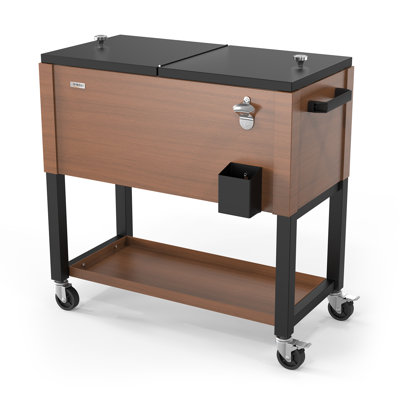80 QT Brown Wood Grain  Patio Cooler Cart
