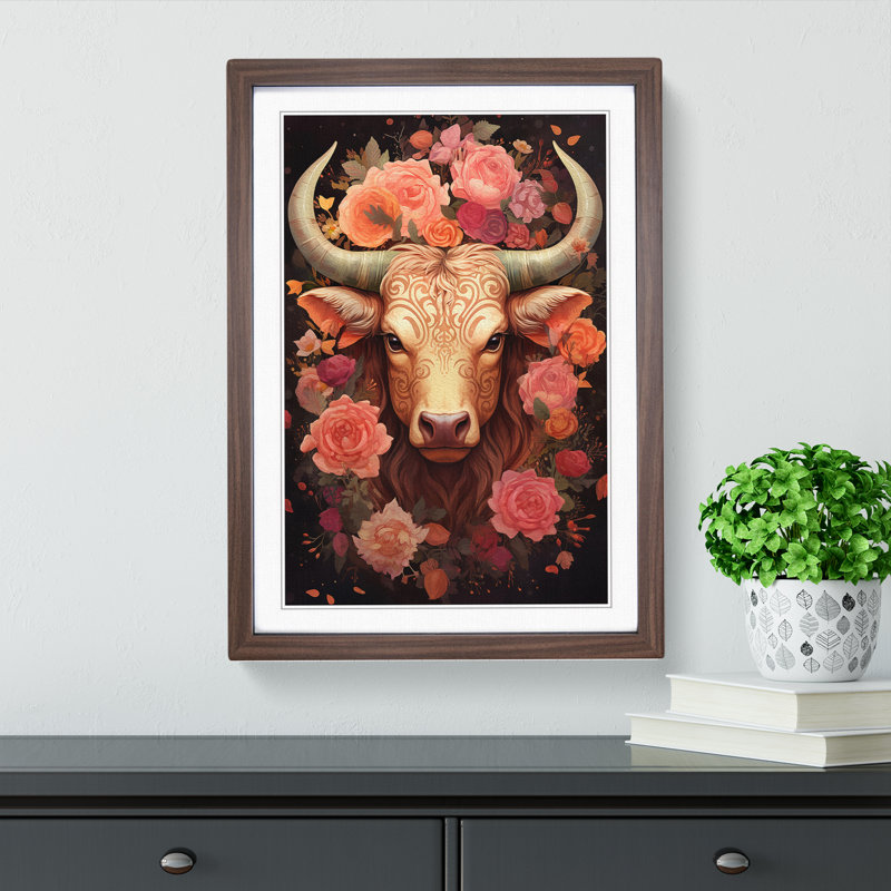 XYZ-FRM-V1223-1615 Taurus Zodiac Tachisme - Single Picture Frame Print on Wood, 46cm H x 34cm W x 2cm D, Walnut 