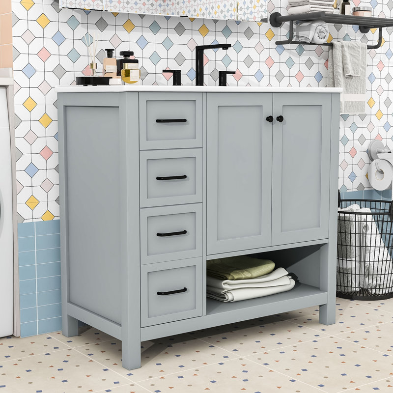 Meuble-lavabo de salle de bain avec comptoir en céramique, armoire de rangement, tiroir et tablette ouverte, Gris