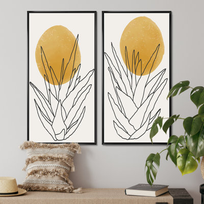 «Yellow Botanical Abstract Leaves II», ensemble de 2 peintures