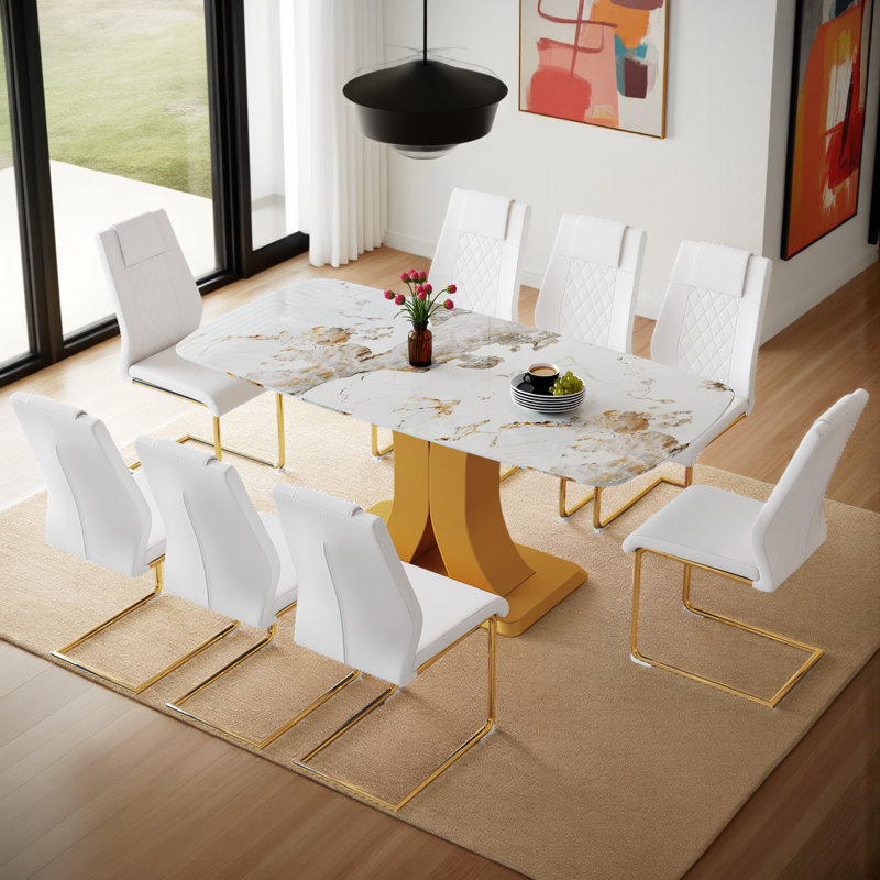 Ensemble de table de salle à manger 71 "en verre de luxe Pandora - Pieds dorés en forme de C et 6 chaises en polyuréthane avec bases arquées en métal