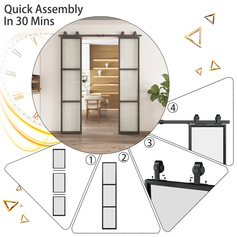 Metal and Tempered Glass Double Sliding Barn Door with Installation Hardware Kit, 2 Sets of Door, Clear