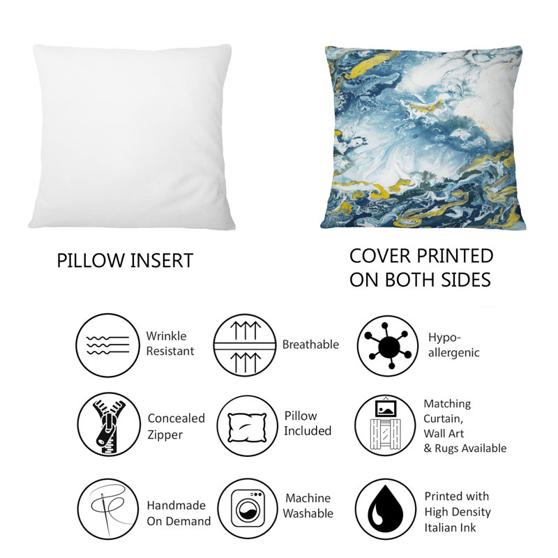 Bleu, jaune, or, art liquide abstrait I - Coussin décoratif imprimé moderne 1