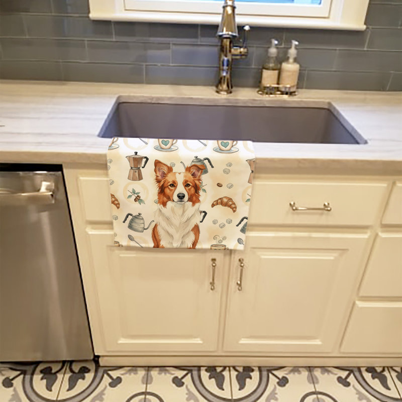 Red and White Border Collie Coffee Bar Kitchen Towel, Red and White Border Collie