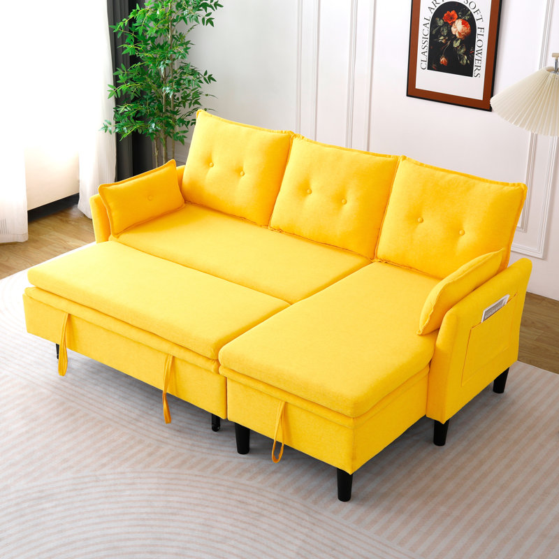Canapé modulaire rembourré en L avec méridienne et rangement Aria, Tissu jaune