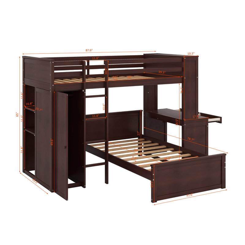 Lit mezzanine simple avec lit autonome, tablettes, bureau et garde-robe, Espresso