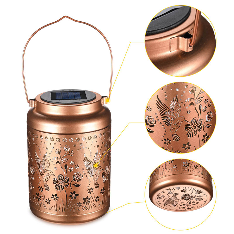 Rose Gold Hummingbird Solar Lanterns Outdoor Hanging Metal Decor 2-Pack