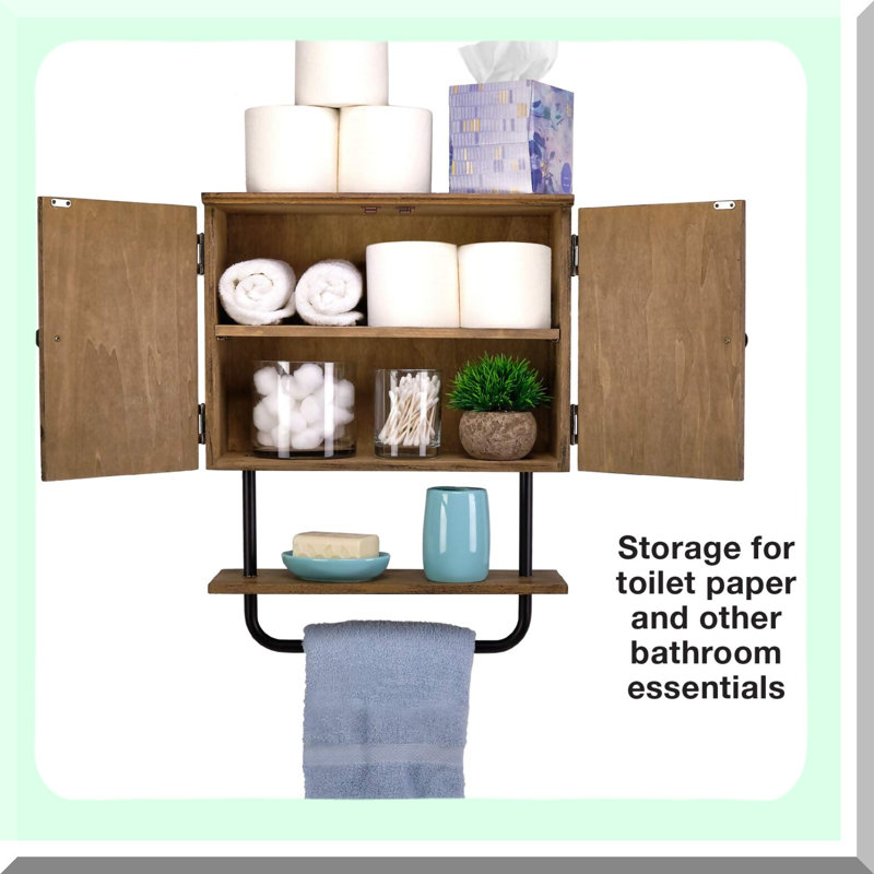 RusticSpace Barndoor Bathroom Wall Cabinet with Adjustable Shelf and Towel Bar - Space Saver Storage Solution for Kitchen and Medicine Essentials, Brown