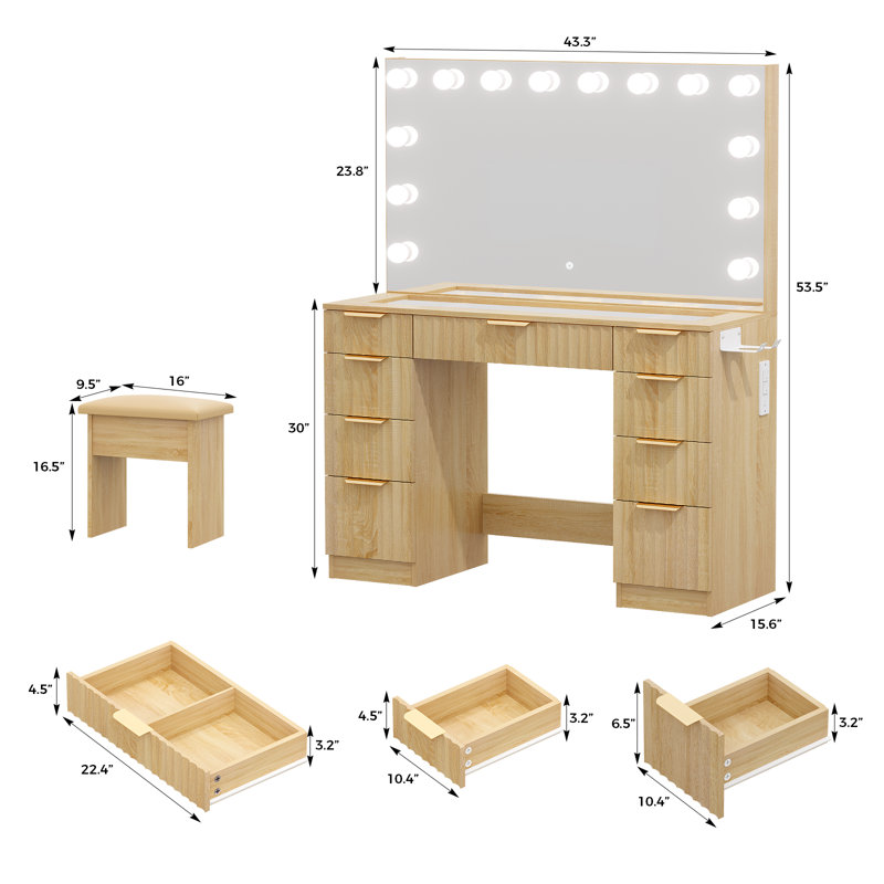Meuble-lavabo de 43 po avec miroir et prise de courant, table de maquillage avec éclairage multicolore réglable à 3 couleurs RVB intelligent et 9 tiroirs