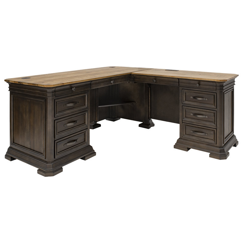 Brown Transitional L-Shaped Executive Desk with Power Outlet and USB Port