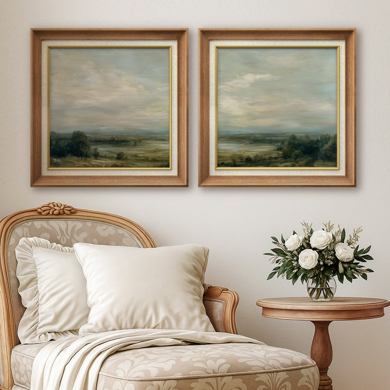 «Calm Country Valley Landscape» dans des tons de bleu et de vert doux, reproduction d'art encadrée de la chambre principale, 2 pièces