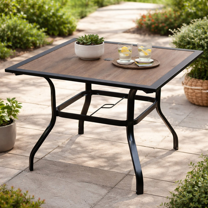  Kozyard 37" Square Outdoor Dining Table for 4, Patio Table with Umbrella Hole, Heavy Duty Steel Frame & Wood-Look Top, Weather Resistant Patio Table for Backyard, Balcony, Garden Black