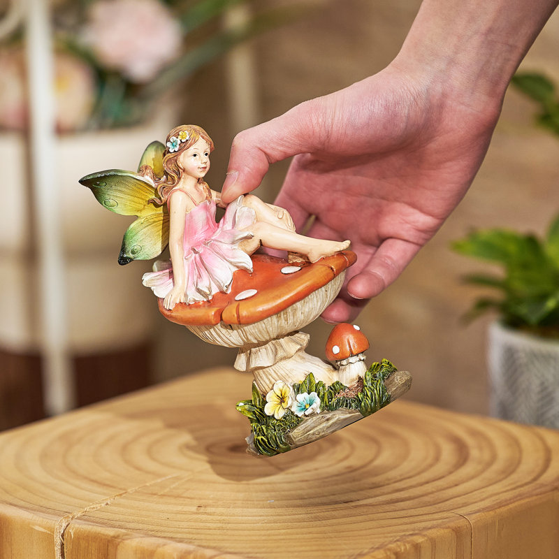 6"Resin Set Of 2 Cute Fairies Sitting On Mushroom Garden Statues