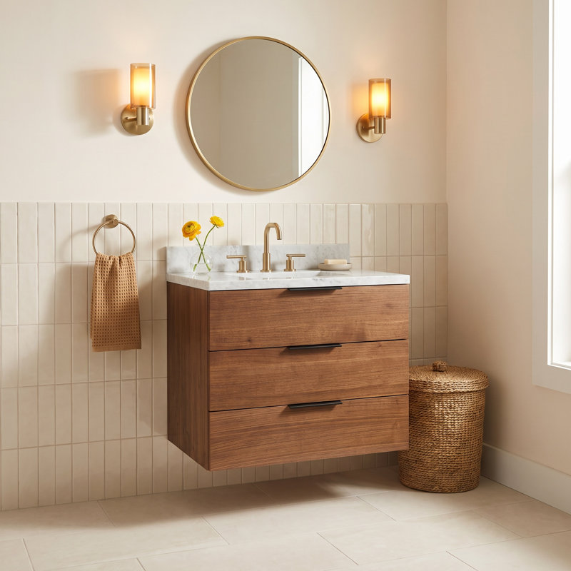 Mitchell 30'' Single Bathroom Vanity with Top, Walnut, Carrara Marble