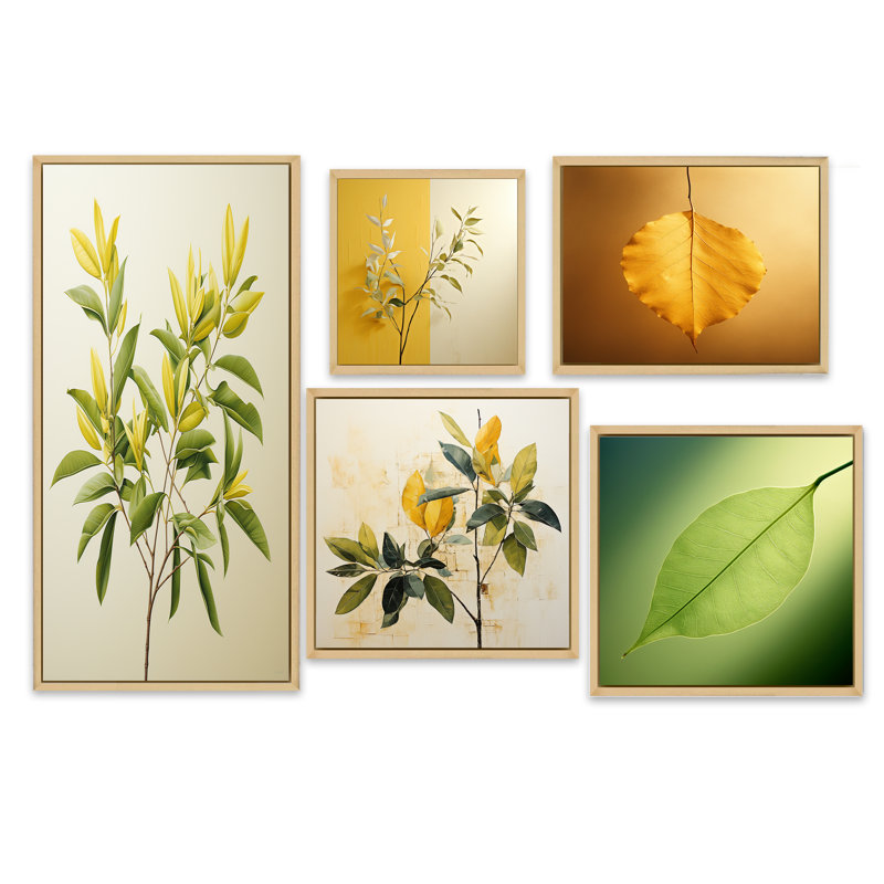 Feuilles vertes en minimalisme I - ensemble de 5 impressions sur feuilles, Cadre flottant doré