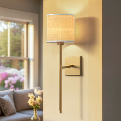 Luma Arm Sconce – Metal, Raffia & Natural Beige, Gold 1-light Hardwired Handwoven Dimmable Wall Sconce For Bedroom Or Bathroom In Modern, Mid-century Style