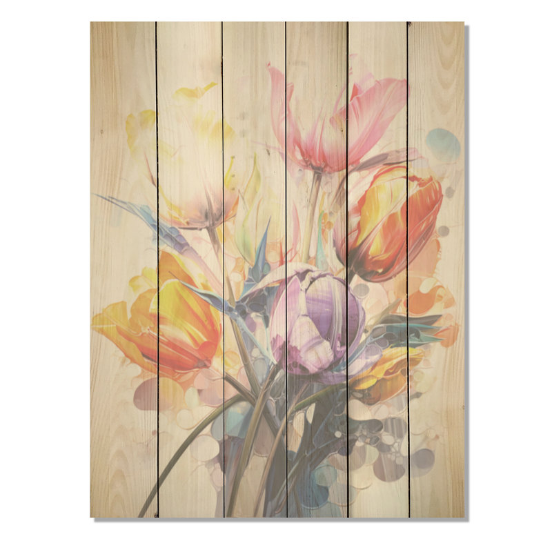 Collage de tulipes multicolores peintes, art mural sur bois de pin naturel, H 40 po x l 30 po