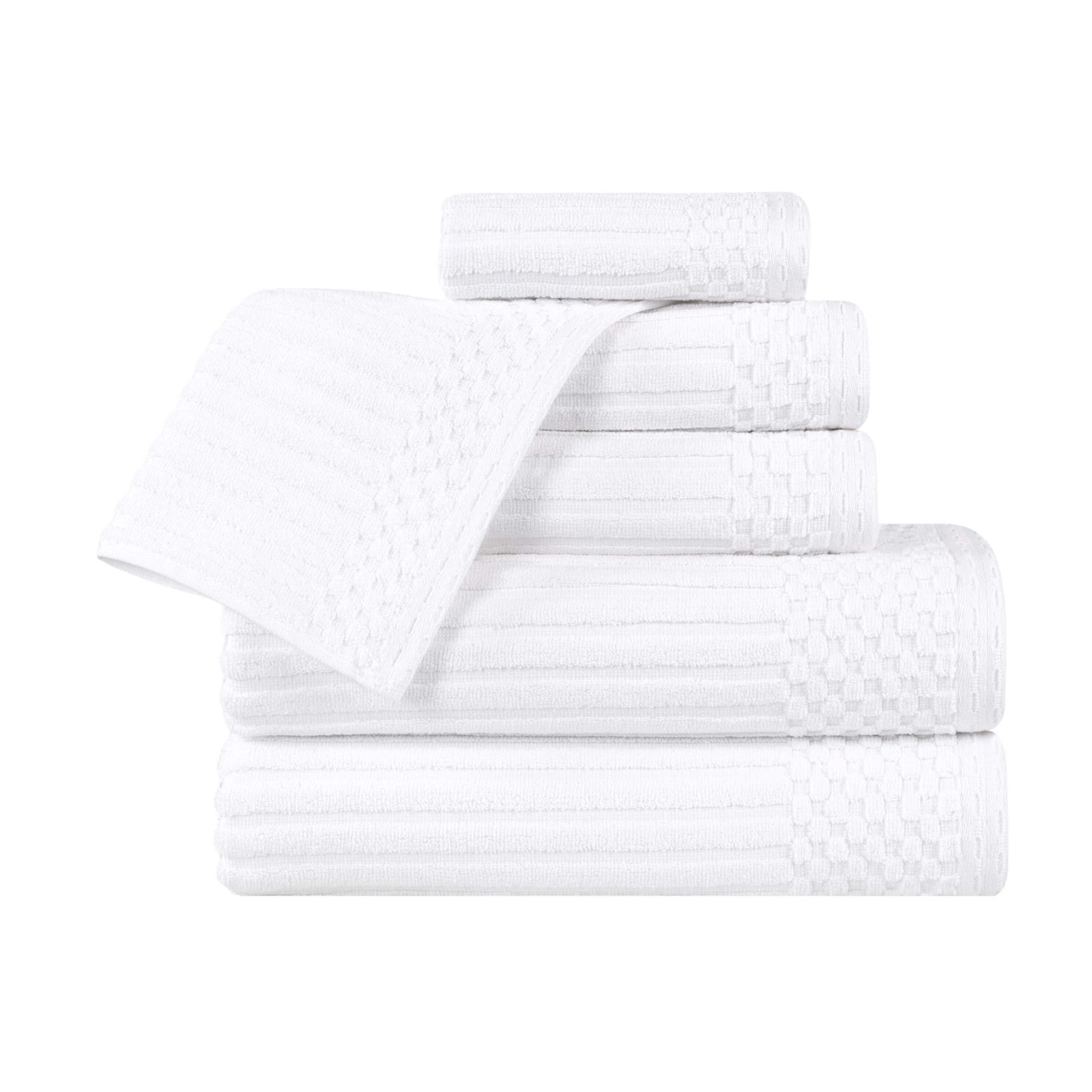6-Piece Checkered Border Cotton Towel Set, White