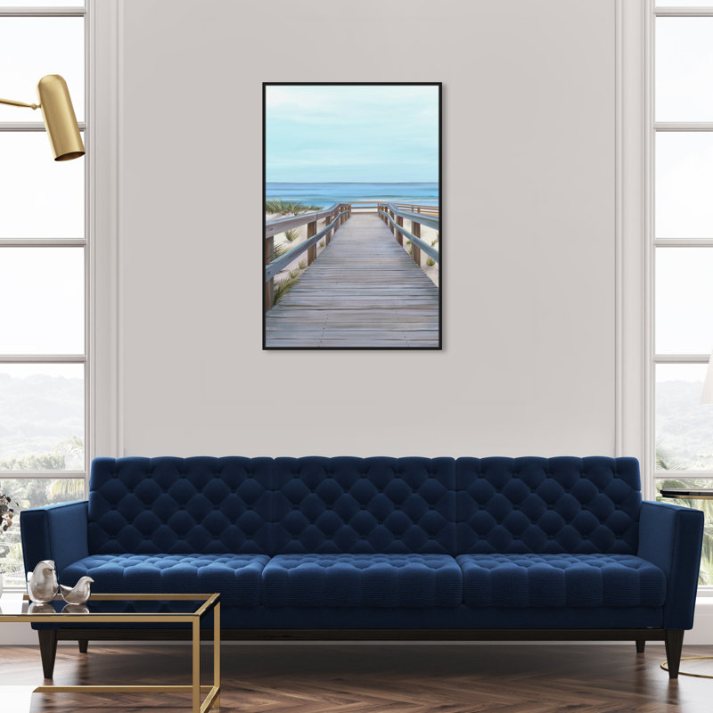 Plage avec vue - reproduction sur toile, Toile avec cadre noir, H 36 po x l 24 po