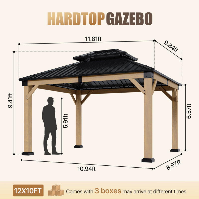 Pavillon de jardin extérieur en bois de cèdre l 12 pi x P 10 pi avec double toit en acier galvanisé