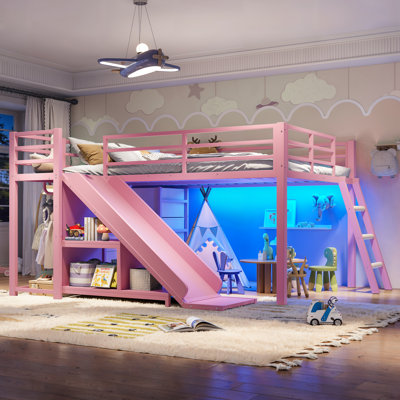 Lit mezzanine en métal, taille standard, avec glissade et échelle, tiroirs de rangement et penderie, cadre de lit en métal noir pour enfants et adolescents, rose