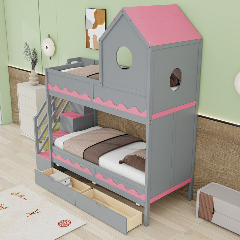 Lit superposé simple au-dessus de simple avec éclairage à DEL et tablettes de rangement cachées, Gris