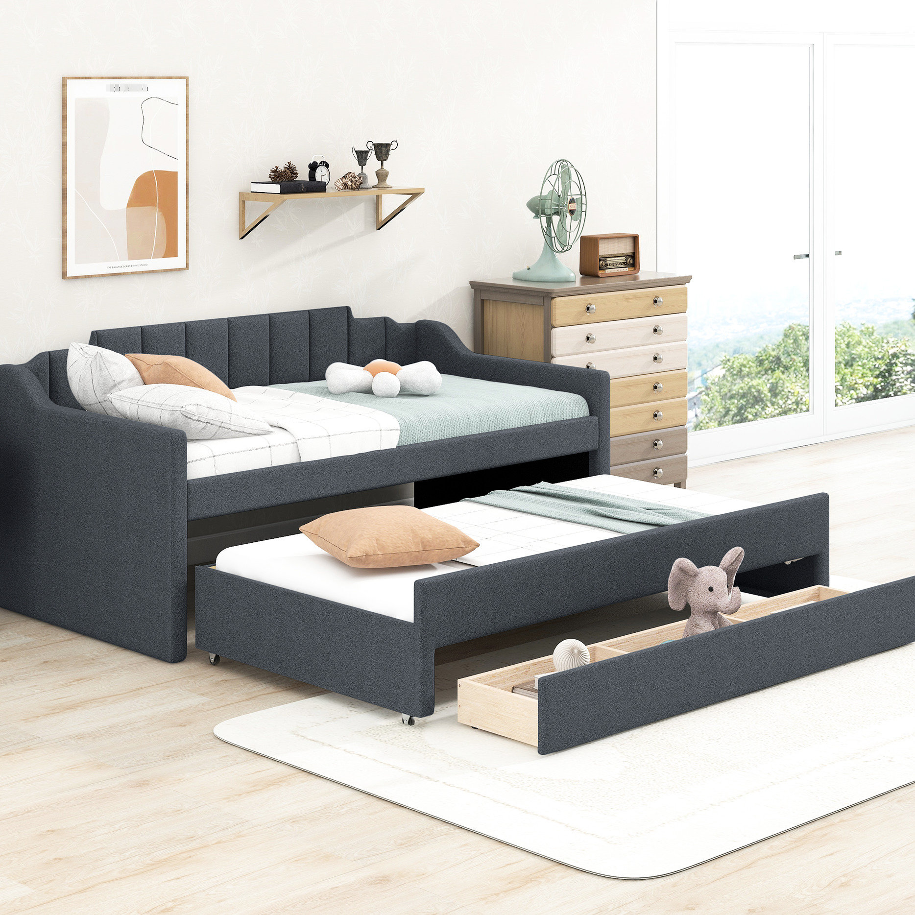 Latitude Run® Twin Upholstered Daybed With Trundle And Drawer ...
