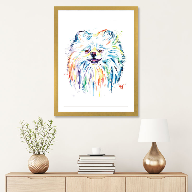 «Pomeranian - Leo» par Lisa Whitehouse - impression d'art graphique, H 32 po x l 24 po x P 1 po, Papier encadré doré, Blanc