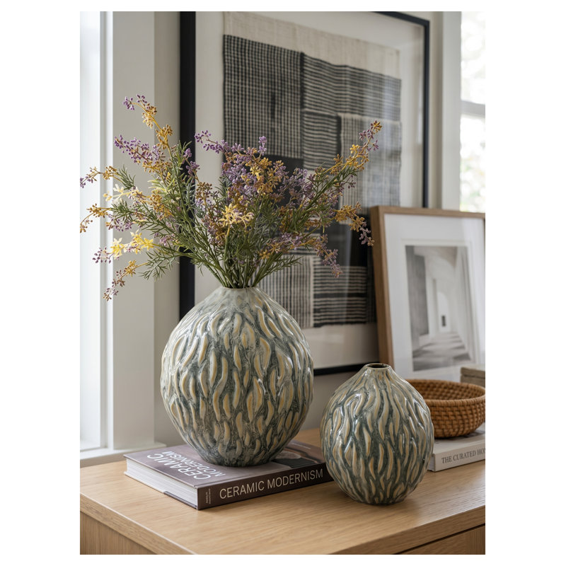 Vase décoratif en céramique marbrée, ambre et urne en forme de glacis réactif gris anthracite, 6,5 po x 7,5 po