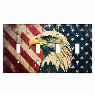 Metal Light Switch Plate Cover; US Standard Size 4 Gang Toggle - Bald Eagle with American Flag