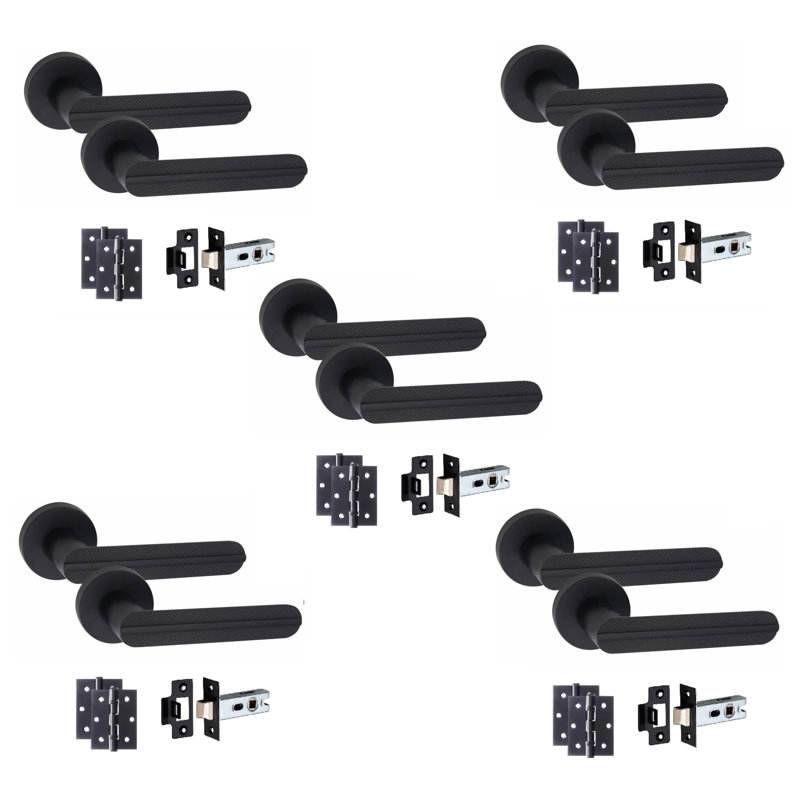  5 Pairs Modern Lima Design Premium Door Handles on Round Rose in Matt Black Finish 3" Ball Bearing Hinges and 2.5" Tubular Latch