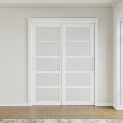 80 Inch Frosted Glass Sliding Closet Door with King Size Handle Door Slab Assembled, No Painting Required